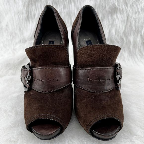 Kurt Geiger Sz 36 US 5.5 Brown Leather Suede Peep Toe 4.5” Stacked Heel Pump - Picture 16 of 16